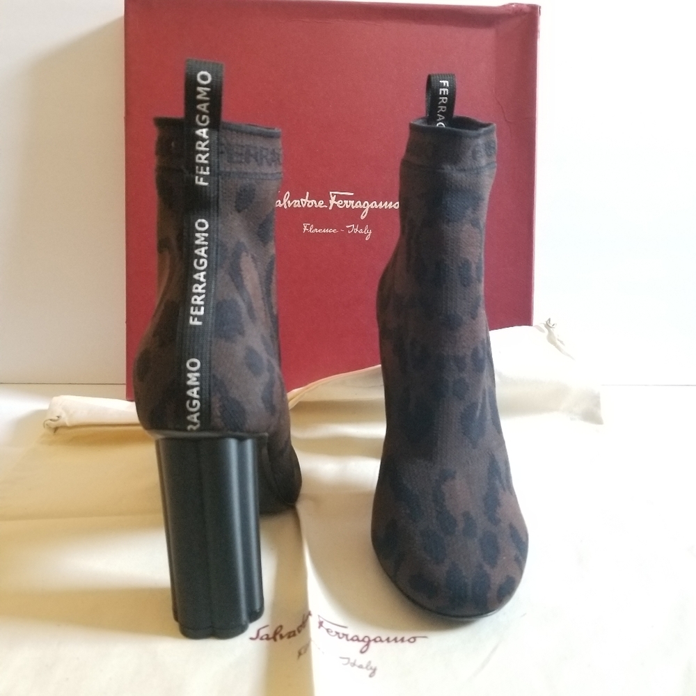 Salvatore Ferragamo Animal Print Knit Sock High Heeled Booties Size 7 D …